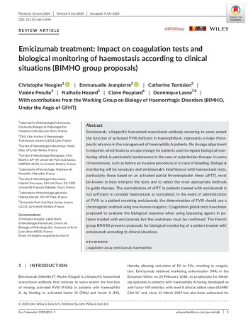 Emicizumab treatment : Impact on coagulation tests and biological monitoring of haemostasis